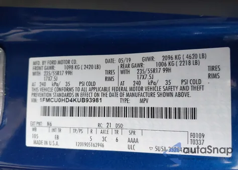 2019 Ford Escape Sel from USA, damaged, VIN 1FMCU0HD4KUB93981